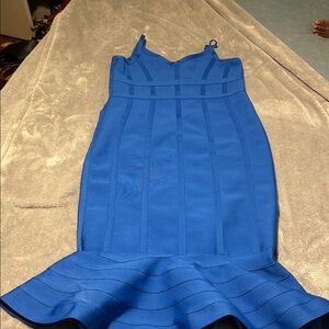 Blue Strapless Dress with Flared Hem